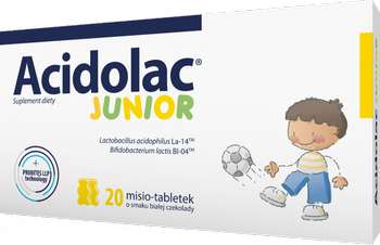 Acidolac Junior Misio-tabletki, smak biała czekolada, 20 sztuk